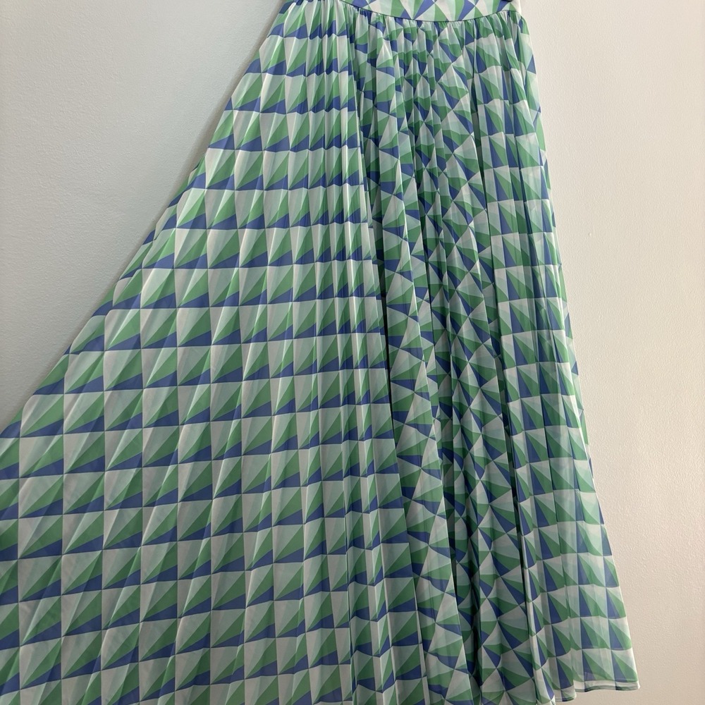 Anthropologie Pankaj & Nidhi Geometric Pleated Maxi Skirt Small Green Blue Chic